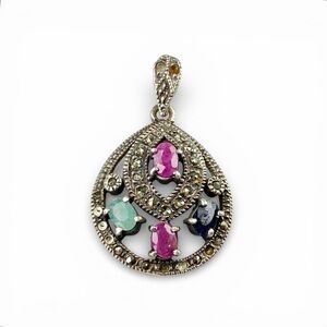 Vintage Sterling Silver Marcasite, Ruby, Sapphire, Aventurine Teardrop Pendant